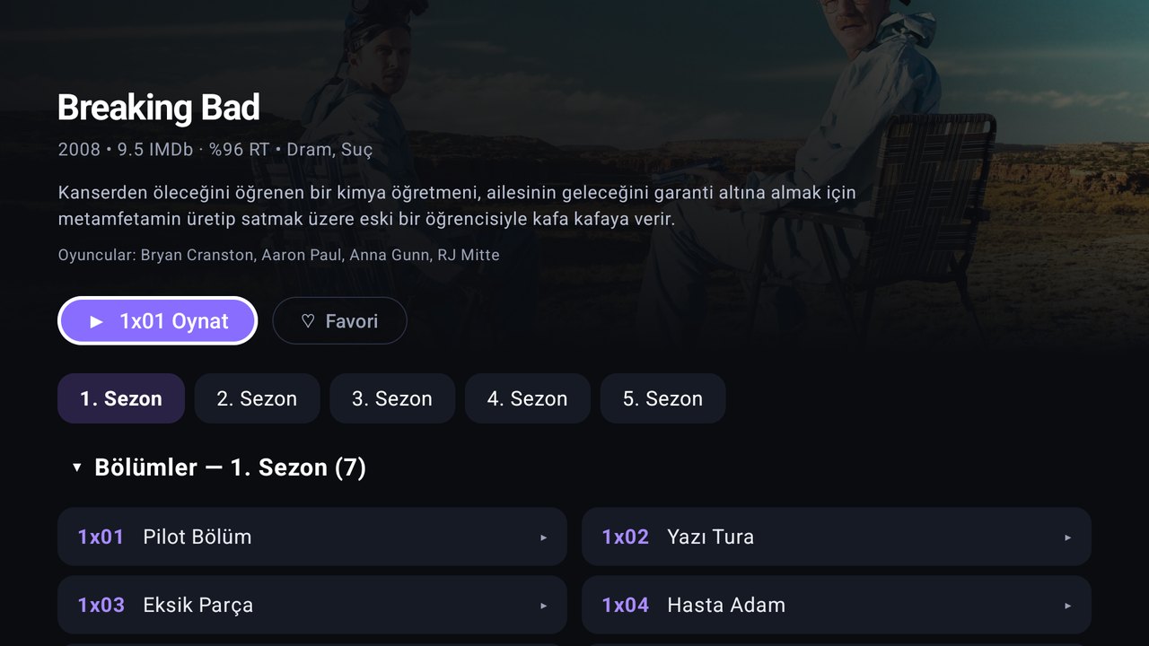 Detay ekranı: sezon çipleri ve bölüm listesi